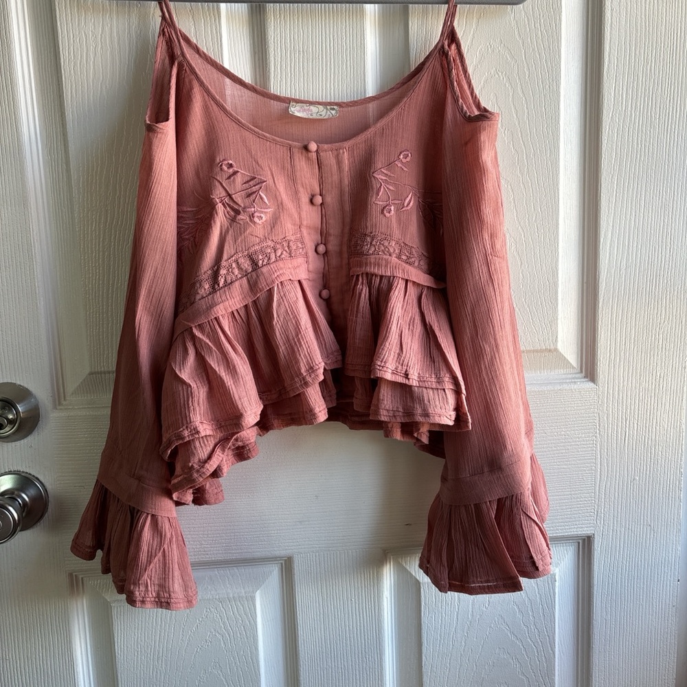 Free People Woodstock Dusty Rose Gauze Open Shoulder Boho Blouse- Small
